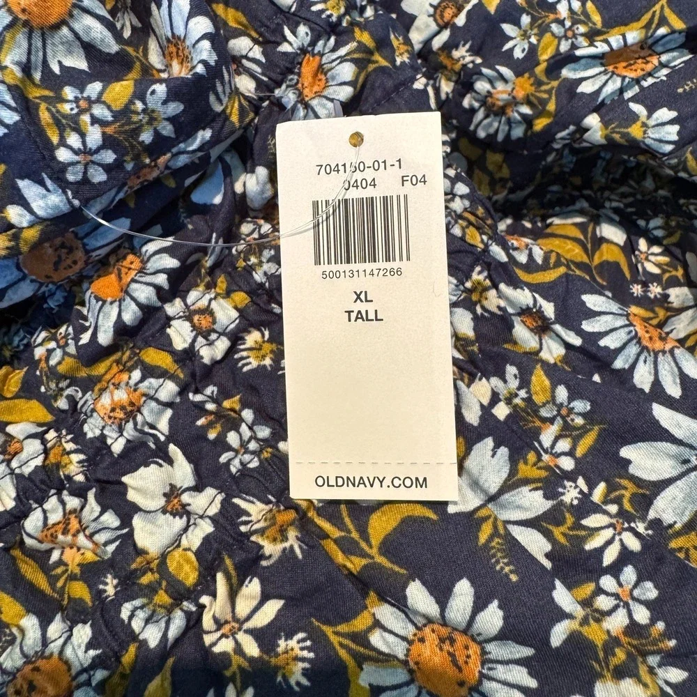 Old Navy Babydoll Peasant Smocked Top Womens XL Tall Blue Floral Puff Sleeve NEW
